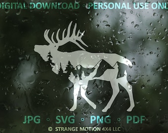 SVG File, Elk And Mountains, Adventure, Laser File, Laser Cut File, svg, Laser svg File, Animal SVG, Mountain SVG, Decal Cut File, Art