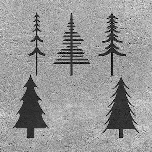 May include: Five different black silhouette designs of pine trees on a gray textured background.