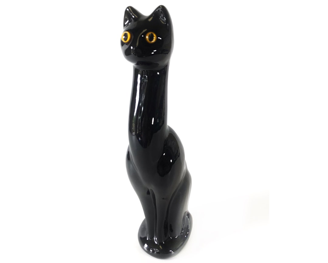 Long Neck Black Cat With Yellow Eyes, Vintage Shiny Black Ceramic Cat