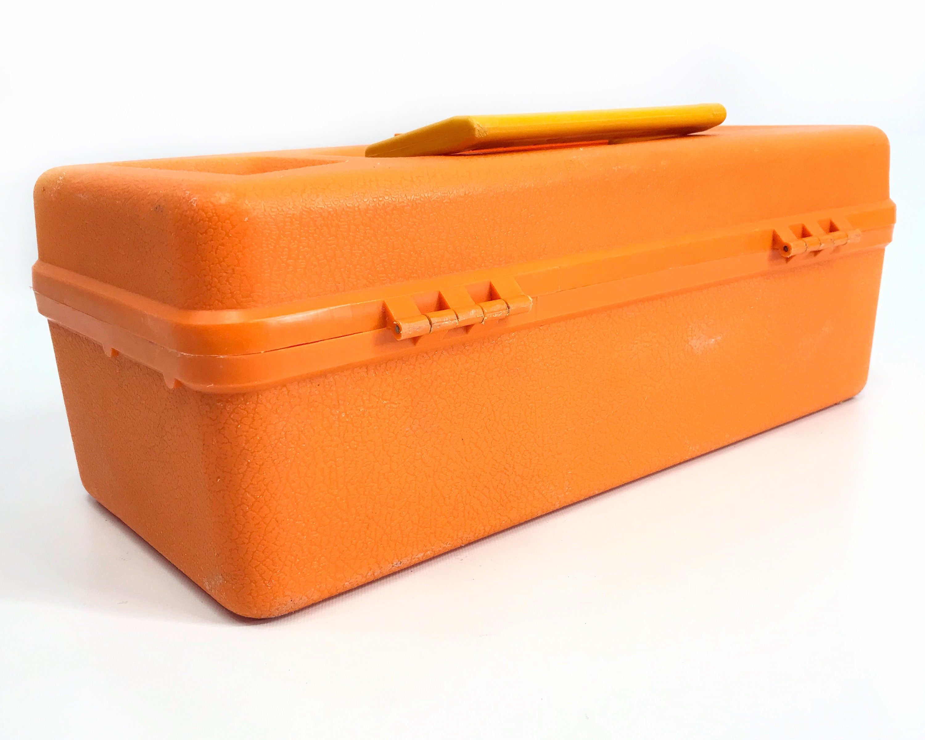 Vintage Fishing Tackle Box, Orange Plastic Storage Kit With