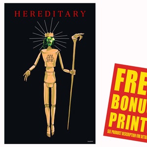 May include: A black and white poster with the word "HEREDITARY" in red letters at the top. A golden, skeletal figure with a green face is holding a staff. The figure is surrounded by a halo of light.