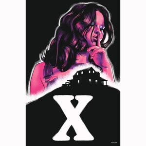 May include: A poster with a woman in a pink top with a large white "X" in front of her. The woman is holding her finger to her lips and looking up. A dark silhouette of a house is behind her.