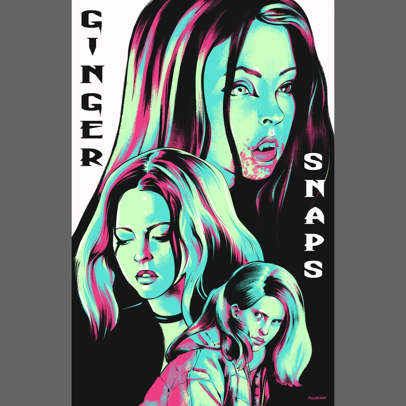 May include: A digital illustration of three women with long, flowing hair. The women are depicted in a vibrant colour scheme of pink, blue, and green. The text "Ginger Snaps" is written vertically on the right side of the image.