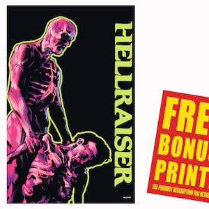 May include: A black and white poster with a pink and purple illustration of two figures. The figure on top is skeletal and has a bald head. The figure on the bottom is lying on their back with their arms outstretched. The text "HELLRAISER" is written vertically in yellow on the right side of the poster.