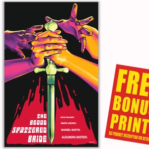 May include: A poster for the film "The Bgood Spattered Bride" with a stylized image of two hands holding a dagger. The poster is in a retro style with a black background and bright colors.