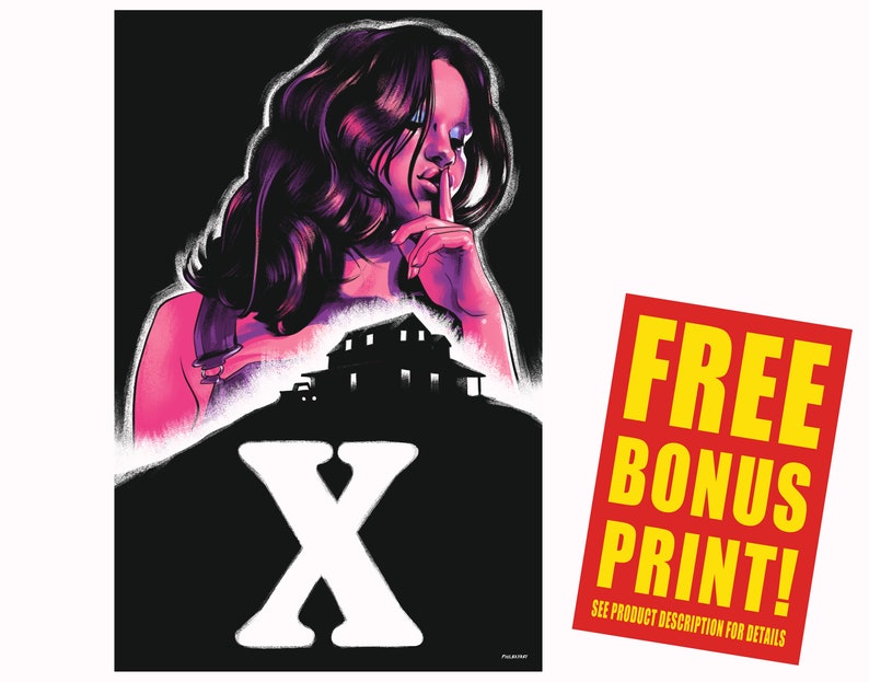 May include: A black and white poster with a woman in a pink and purple dress with a house in the background. The woman is holding her finger to her lips and the poster says "X" in large white letters.