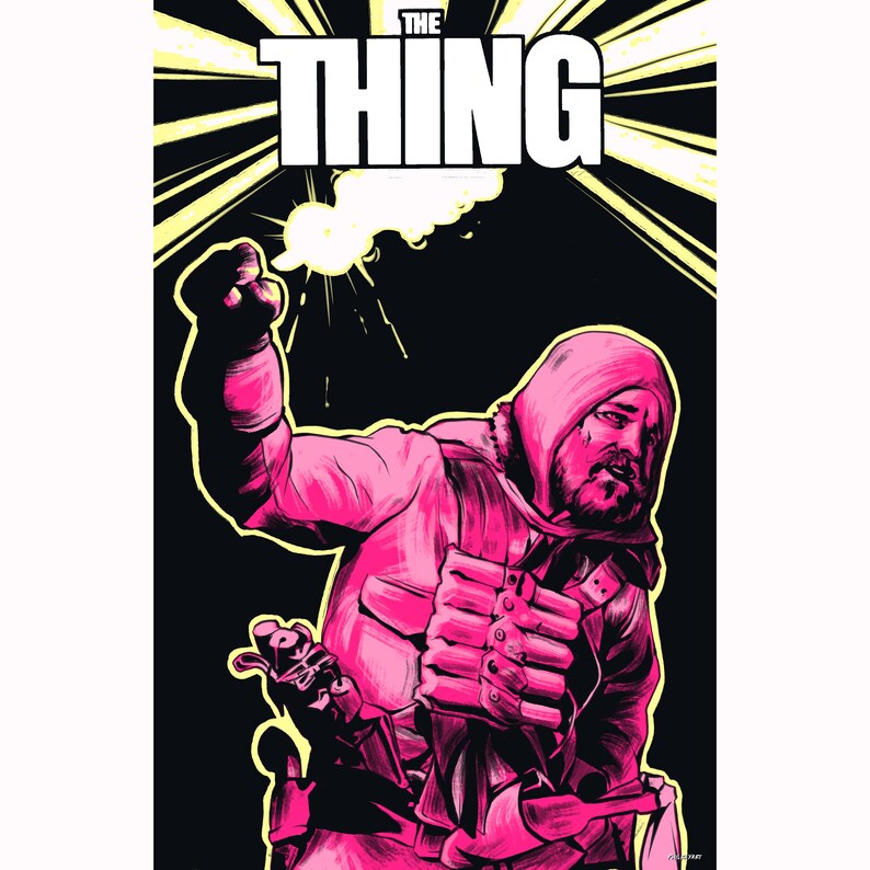 May include: A pink and black graphic illustration with the text "THE THING". The image shows a person in a hooded jacket, holding a weapon and a raised fist, with a burst of light emanating from the fist.