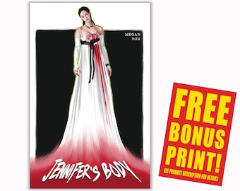 May include: A poster featuring a woman in a white gown with red blood dripping down the front. The text "Jennifer's Body" is at the bottom of the poster. The text "Megan Fox" is in the upper right corner of the poster.