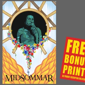 K&ouml;nnte beinhalten: Ein Poster mit dem Wort "MIDSOMMAR" in wei&szlig;er Schrift am unteren Rand. Das Poster zeigt eine Person in gr&uuml;ner Kleidung in einem kreisf&ouml;rmigen Fensterrahmen, umgeben von bunten Blumen. Ein rotes Rechteck mit gelbem Text mit der Aufschrift "FREE BONUS PRINT!" befindet sich in der unteren rechten Ecke.