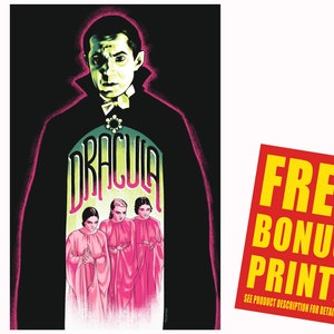 May include: A vintage-style poster featuring a black and white illustration of Dracula, a vampire with a cape, and the text "Dracula". The poster has a green and pink color scheme and features three women in pink dresses.