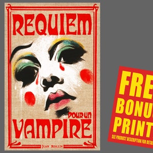 May include: A vintage-style poster with a red background and a white border. The poster features a black and white illustration of a woman's face with red tears. The text on the poster reads "REQUIEM POUR UN VAMPIRE" and "JEAN ROLLIN".