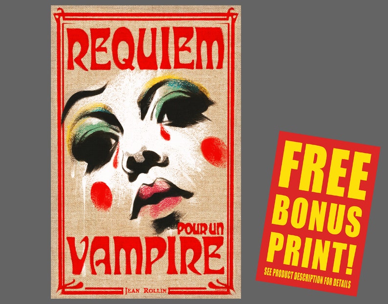 May include: A vintage-style poster with a red background and a white border. The poster features a black and white illustration of a woman's face with red tears. The text on the poster reads "REQUIEM POUR UN VAMPIRE" and "JEAN ROLLIN".