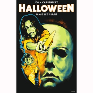 May include: A poster for the horror film "Halloween" featuring Jamie Lee Curtis and the iconic Michael Myers mask. The poster is illustrated in a graphic style with bright colors and bold lines.