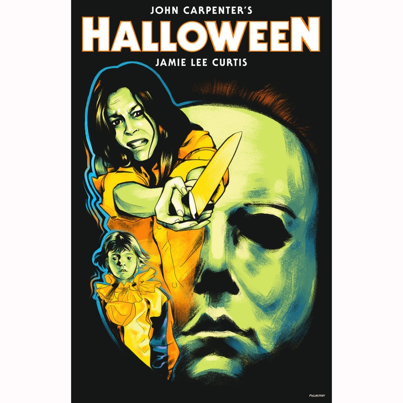 May include: A poster for the horror film "Halloween" featuring Jamie Lee Curtis and the iconic Michael Myers mask. The poster is illustrated in a graphic style with bright colors and bold lines.