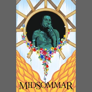 K&ouml;nnte beinhalten: Digitale Illustration einer Person in einem tealfarbenen Oberteil, umrahmt von einem Holzfenster mit einem Blumengirlande. Das Wort "MIDSOMMAR" steht unten in schwarzer Schrift. Der Hintergrund ist hellblau und gelb.