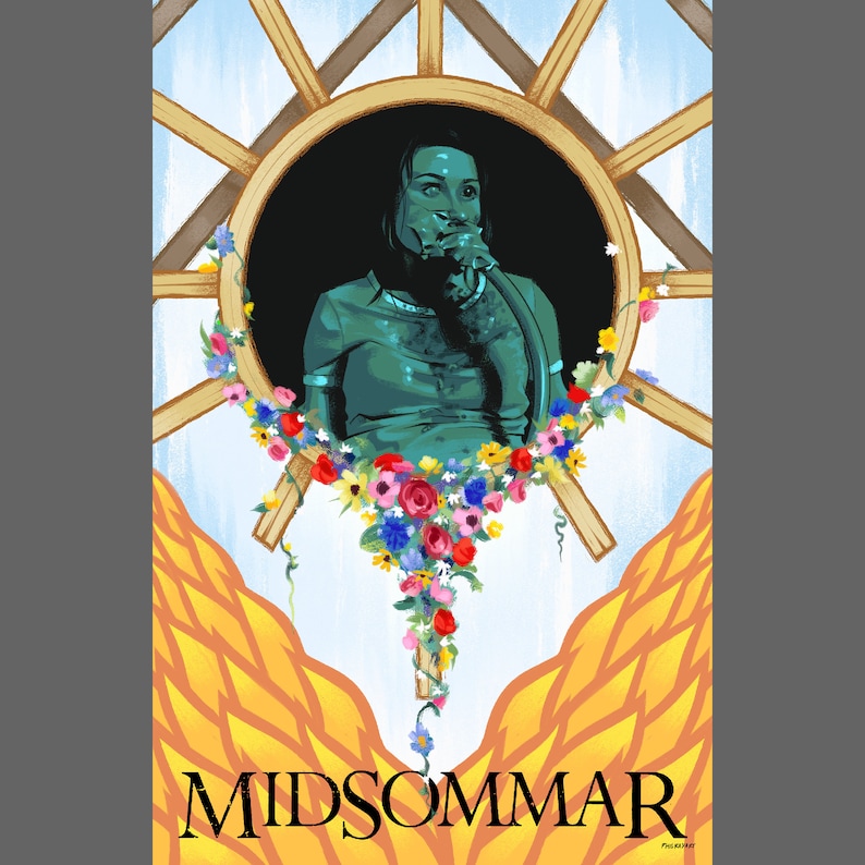 K&ouml;nnte beinhalten: Digitale Illustration einer Person in einem tealfarbenen Oberteil, umrahmt von einem Holzfenster mit einem Blumengirlande. Das Wort "MIDSOMMAR" steht unten in schwarzer Schrift. Der Hintergrund ist hellblau und gelb.
