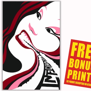 May include: A black and white illustration of a woman's face with red and pink accents. The woman's mouth is open and her teeth are visible. The word "INTENT" is written in black letters on the woman's neck.