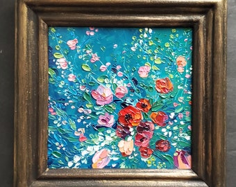 Pintura al óleo floral hecha por encargo: Flores abstractas con técnica de impasto, cuadro enmarcado para pared.