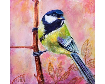 Original Acrylic painting,  Abstract painting, Modern bird painting, Titmouse contemporary art, Songbird painting