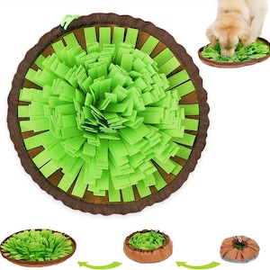 Könnte beinhalten: Ein rundes Hundespielzeug in Braun und Grün mit einem flauschigen grünen Zentrum. Das Spielzeug ist so konzipiert, dass es Hunden eine lustige und anregende Möglichkeit zum Spielen und Trainieren bietet.