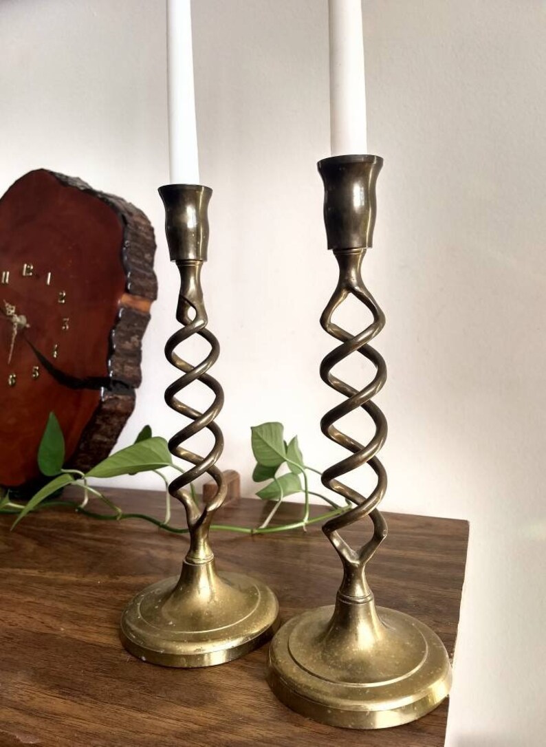 Vintage Boho Twisted Brass Candlesticks with 2 Tapered Candles Etsy