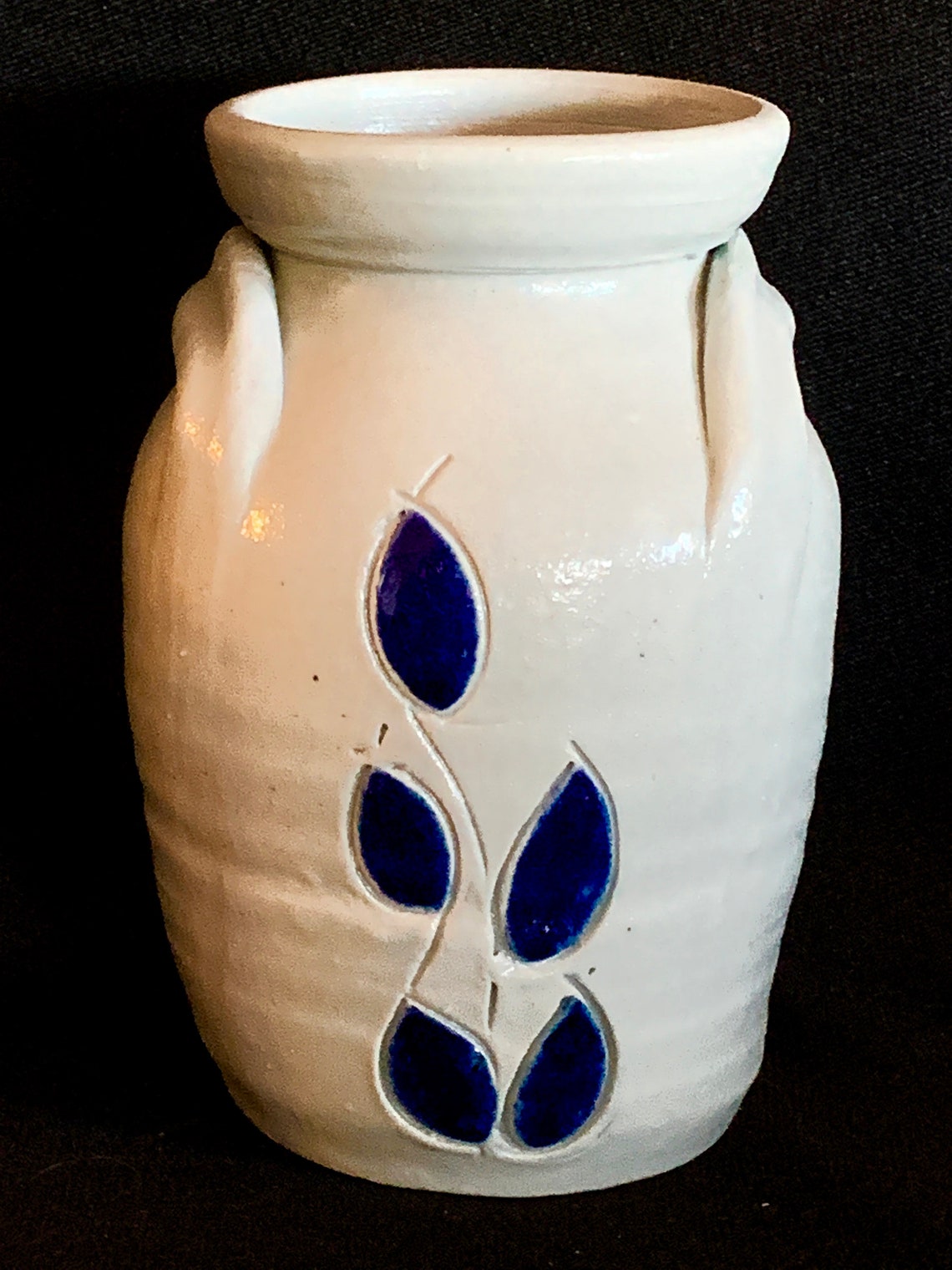 Williamsburg Pottery Hand Carved Floral Cobalt Salt Glaze Vase Etsy