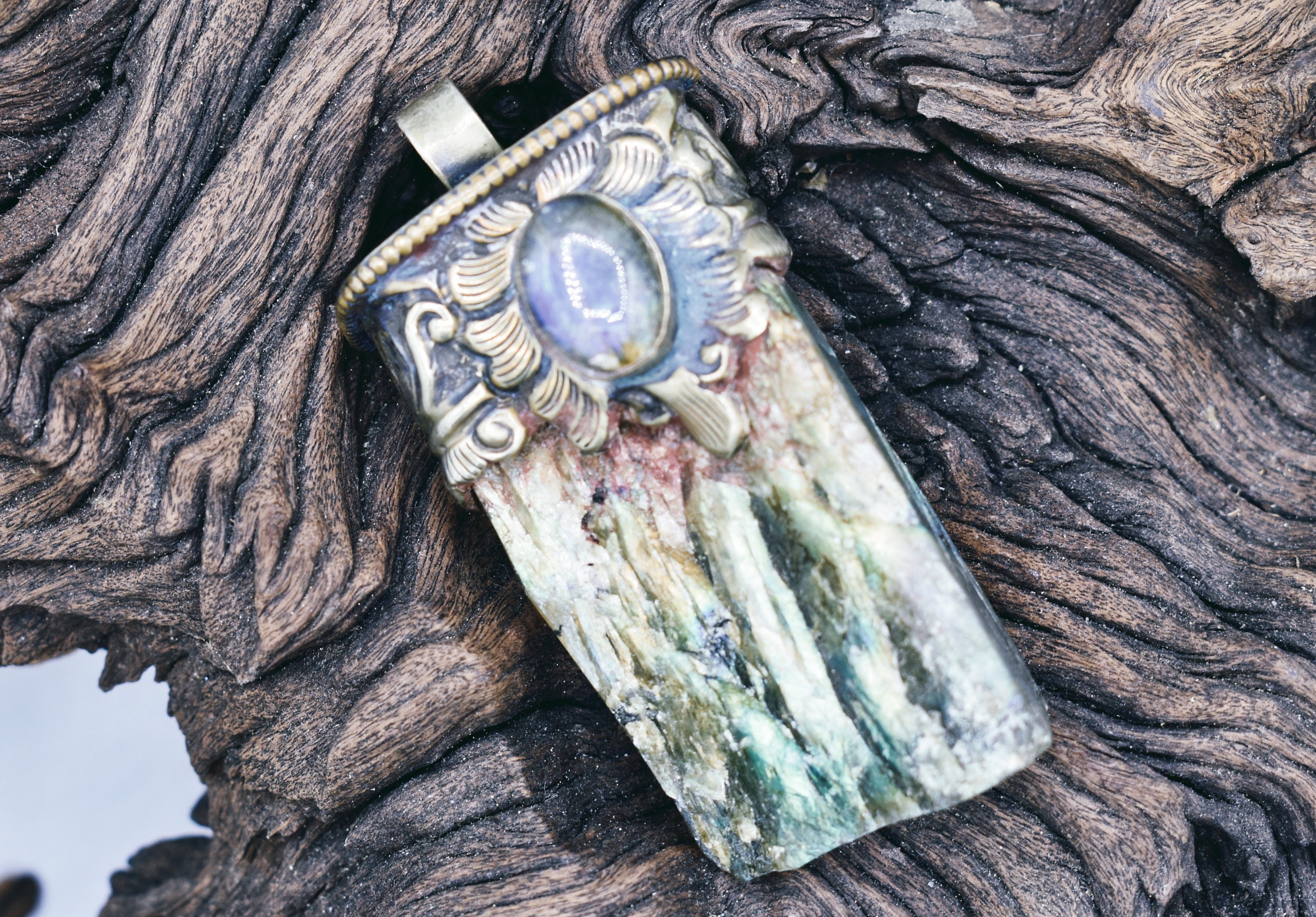 Raw Labradorite and Tibetan Silver Pendant