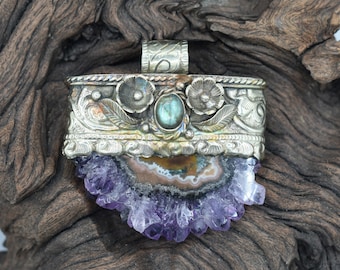 Raw Amethyst and Tibetan Silver Pendant