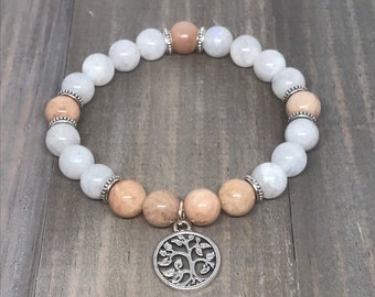 Sunstone and Moonstone Bracelet, Stability, Happiness, Healing Bracelet, Sunstone Bracelet, Stretch Bracelet, Crystal Bracelet, Tree of Life