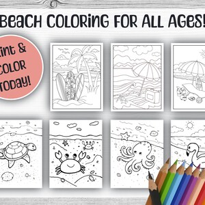 May include: Black and white coloring pages featuring beach scenes with a turtle, crab, octopus, flamingo, palm trees, and beach umbrellas.  Print & Color Today! is written in a circle at the top left of the image.