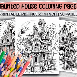 Páginas de libros para colorear imprimibles de la casa embrujada espeluznante / Páginas para colorear imprimibles de Halloween para niños y adultos / Actividad para colorear para niños y niñas