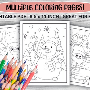 Puede incluir: Tres p&aacute;ginas para colorear imprimibles con un reno, un mu&ntilde;eco de nieve y Pap&aacute; Noel. Las p&aacute;ginas son en blanco y negro y est&aacute;n dise&ntilde;adas para que los ni&ntilde;os las coloreen. El texto "MULTIPLE COLORING PAGES!" est&aacute; en la parte superior de la imagen. El texto "PRINTABLE PDF | 8.5 x 11 INCH | GREAT FOR KIDS" est&aacute; debajo del t&iacute;tulo.