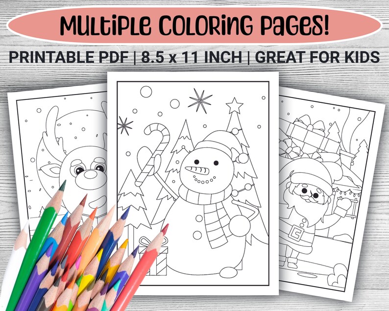 Puede incluir: Tres p&aacute;ginas para colorear imprimibles con un reno, un mu&ntilde;eco de nieve y Pap&aacute; Noel. Las p&aacute;ginas son en blanco y negro y est&aacute;n dise&ntilde;adas para que los ni&ntilde;os las coloreen. El texto "MULTIPLE COLORING PAGES!" est&aacute; en la parte superior de la imagen. El texto "PRINTABLE PDF | 8.5 x 11 INCH | GREAT FOR KIDS" est&aacute; debajo del t&iacute;tulo.