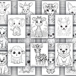 May include: A set of 16 black and white coloring pages featuring cute animal illustrations. The animals include a giraffe, rhino, tiger, fox, elephant, deer, owl, zebra, sheep, bear, raccoon, and lion.