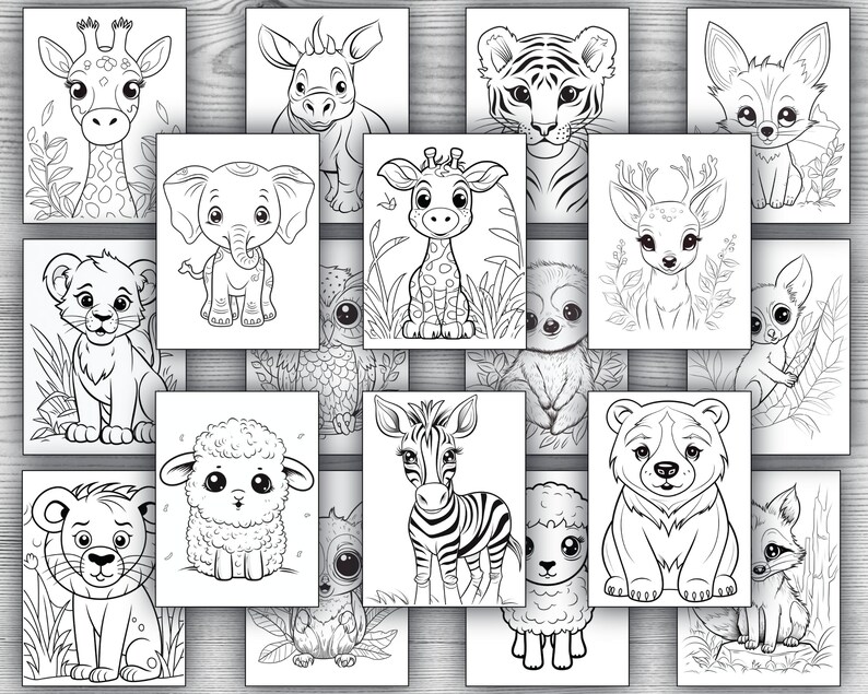May include: A set of 16 black and white coloring pages featuring cute animal illustrations. The animals include a giraffe, rhino, tiger, fox, elephant, deer, owl, zebra, sheep, bear, raccoon, and lion.