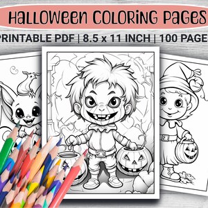 May include: A set of three Halloween coloring pages featuring a bat, a monster, and a gnome. Each page is 8.5 x 11 inches and there are 100 pages in total. The pages are black and white and ready to be colored.