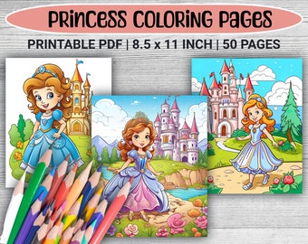50 Princess Coloring Book Pages | Variety of Princess Coloring Pages for Girls | Girl Princesses & Unicorn Princesses | Printable Princess