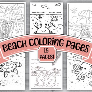 May include: A set of 15 black and white beach-themed coloring pages. The pages feature images of a palm tree, a crab, a beach umbrella, a turtle, a couple wearing sunglasses, and an octopus.