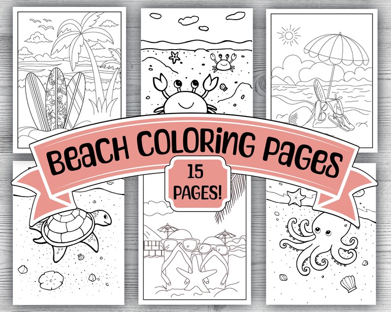 May include: A set of 15 black and white beach-themed coloring pages. The pages feature images of a palm tree, a crab, a beach umbrella, a turtle, a couple wearing sunglasses, and an octopus.