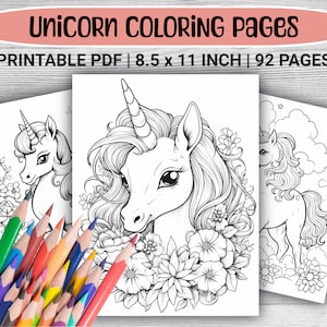 92 Cute Unicorns Digital Coloring Book, Realistic Fantasy Unicorn Coloring Pages, PDF Unicorn Sheets for kids, Baby Unicorn Coloring Pages