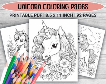 92 Cute Unicorns Digital Coloring Book, Realistic Fantasy Unicorn Coloring Pages, PDF Unicorn Sheets for kids, Baby Unicorn Coloring Pages