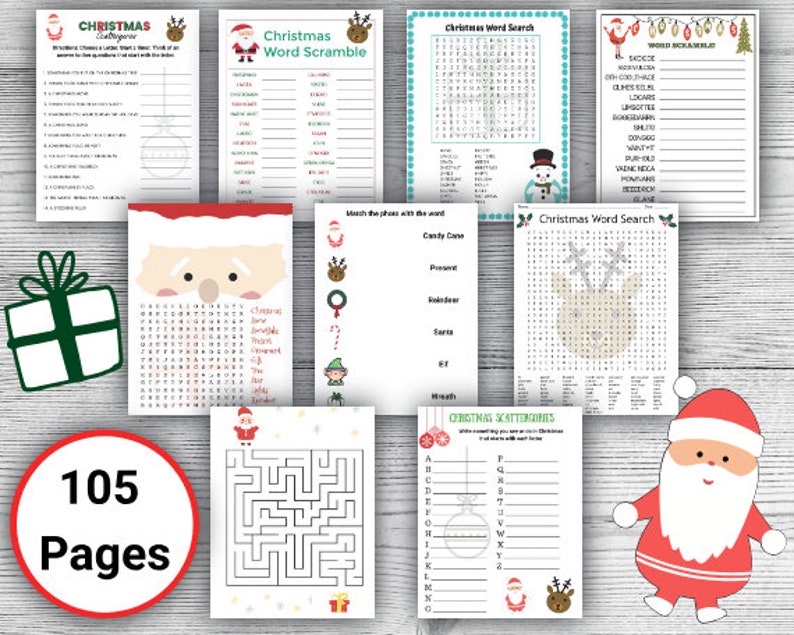 Puede incluir: Un conjunto de 105 p&aacute;ginas de actividades navide&ntilde;as imprimibles que incluyen b&uacute;squedas de palabras, juegos de palabras, laberintos y mucho m&aacute;s. Las p&aacute;ginas est&aacute;n decoradas con colores e ilustraciones navide&ntilde;as festivas.