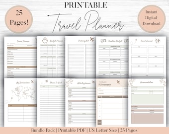 25-Page Travel Planner Printable: Vacation Itinerary, Budget, Journal (Digital Download)