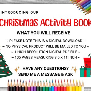 Puede incluir: Una descarga digital para un libro de actividades de Navidad con 105 p&aacute;ginas, que mide 8,5 por 11 pulgadas. La portada presenta un &aacute;rbol de Navidad rojo y verde y una caja de regalo roja con estrellas blancas.