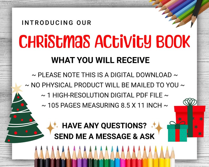Puede incluir: Una descarga digital para un libro de actividades de Navidad con 105 p&aacute;ginas, que mide 8,5 por 11 pulgadas. La portada presenta un &aacute;rbol de Navidad rojo y verde y una caja de regalo roja con estrellas blancas.