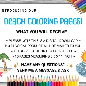 May include: A digital download of 15 beach coloring pages, each measuring 8.5 x 11 inches. The image shows a palm tree, a starfish, a sun, and ocean waves. The text "Introducing our Beach Coloring Pages!" and "What you will receive" is also included.