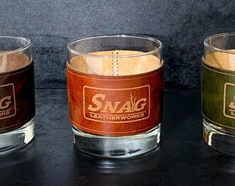 Custom Laser Engraved Leather Wrapped Whiskey Glass [4-pack]