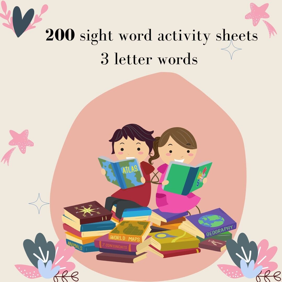 200 Three Letter Sight Word Activity Sheets With New Binder, Free S/h
