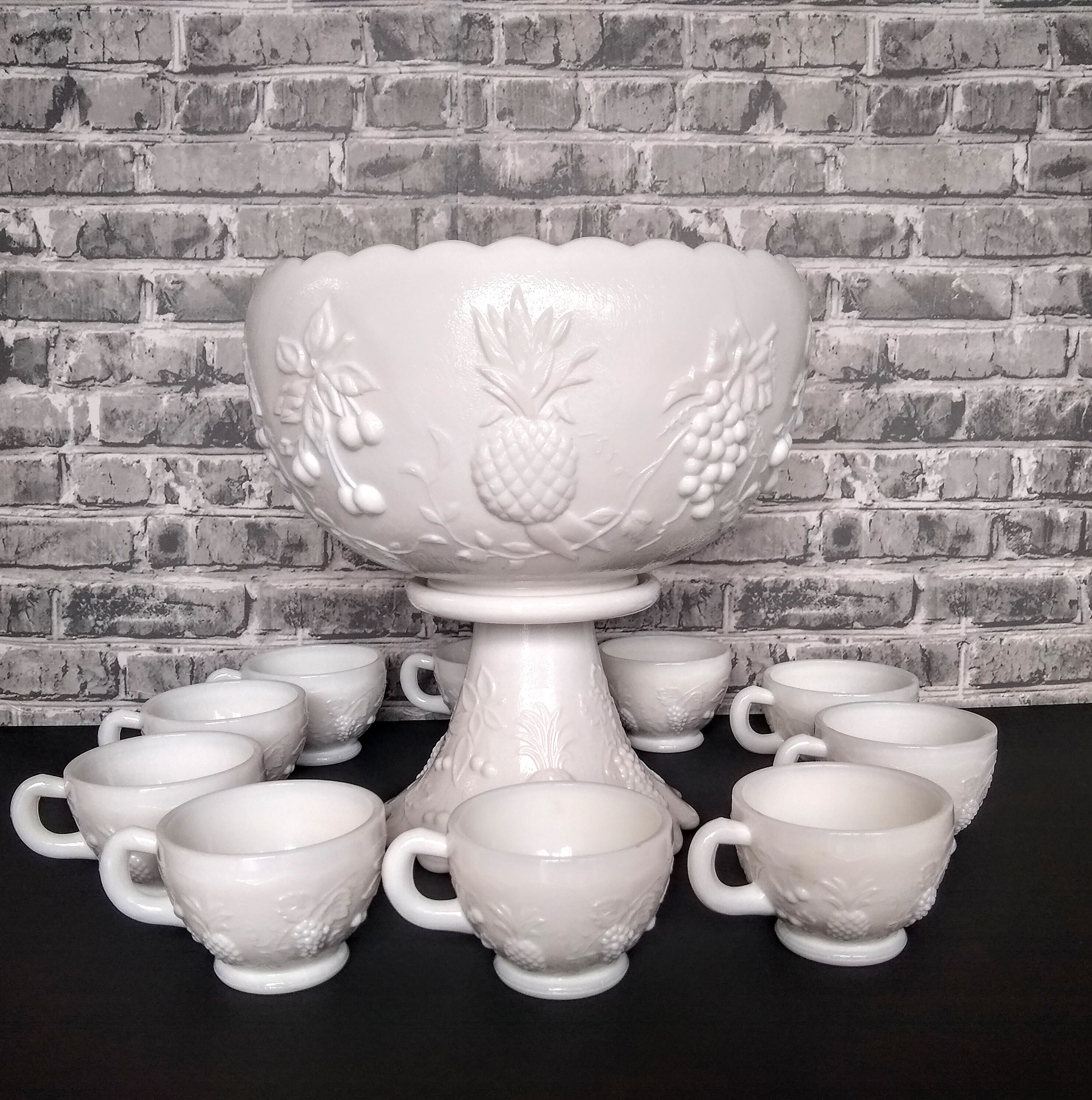 Vintage Westmoreland Milk Glass Punch Bowl Set Three Fruit Etsy
