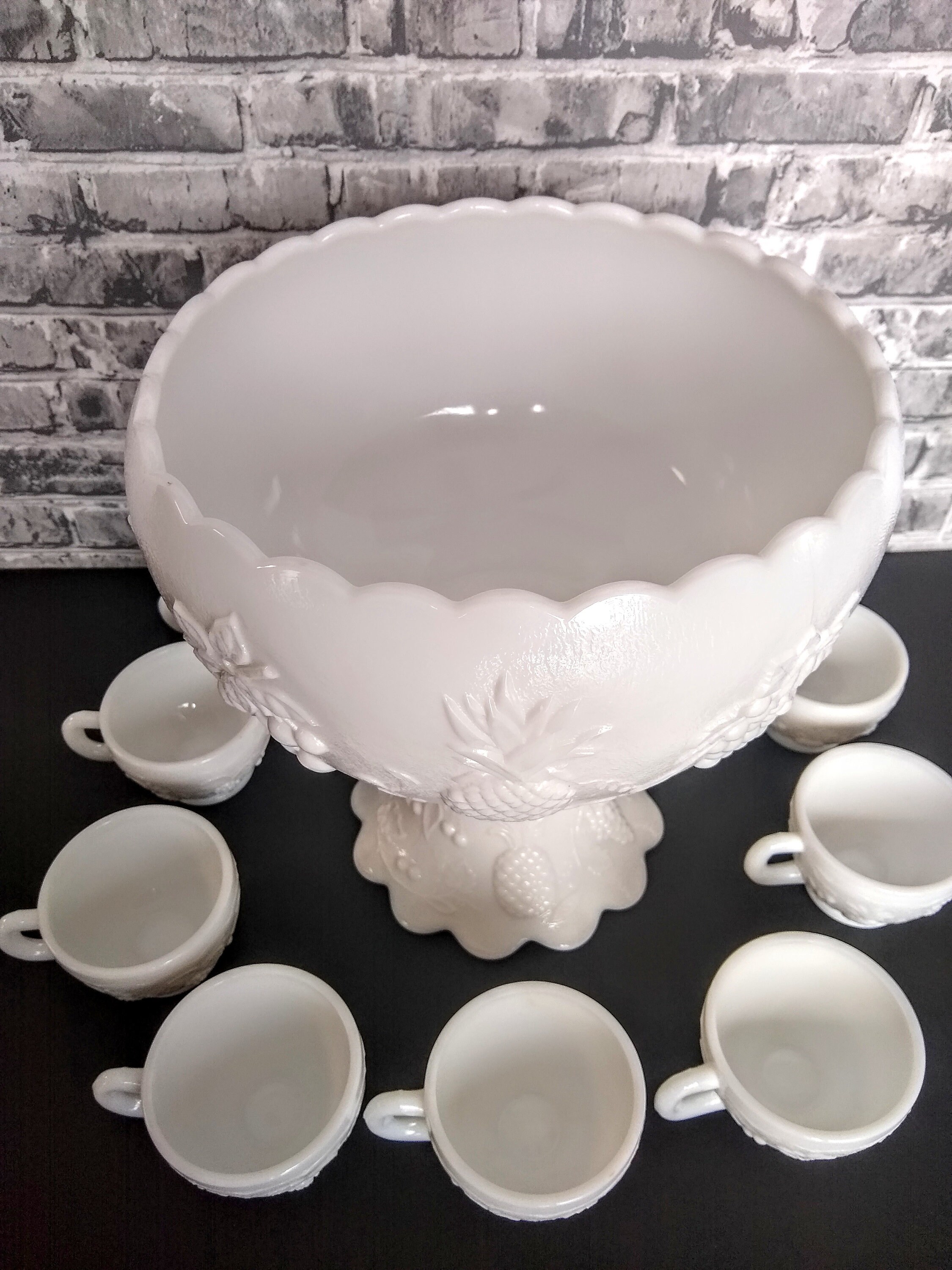 Vintage Westmoreland Milk Glass Punch Bowl Set Three Fruit Etsy